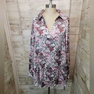 Floral V-Neck Long Sleeve Blouse - Gray & Pink